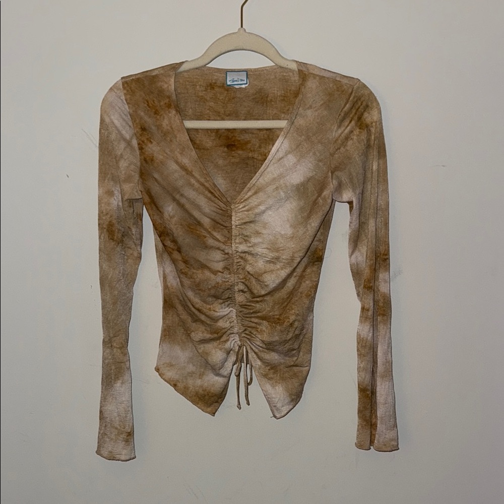 Elegant Brown Tie-Dye Ruched Long Sleeve Top